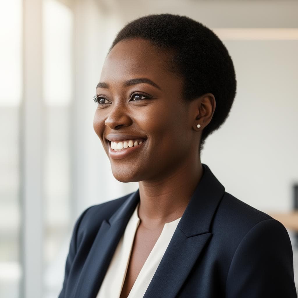 African professional smiling in modern office